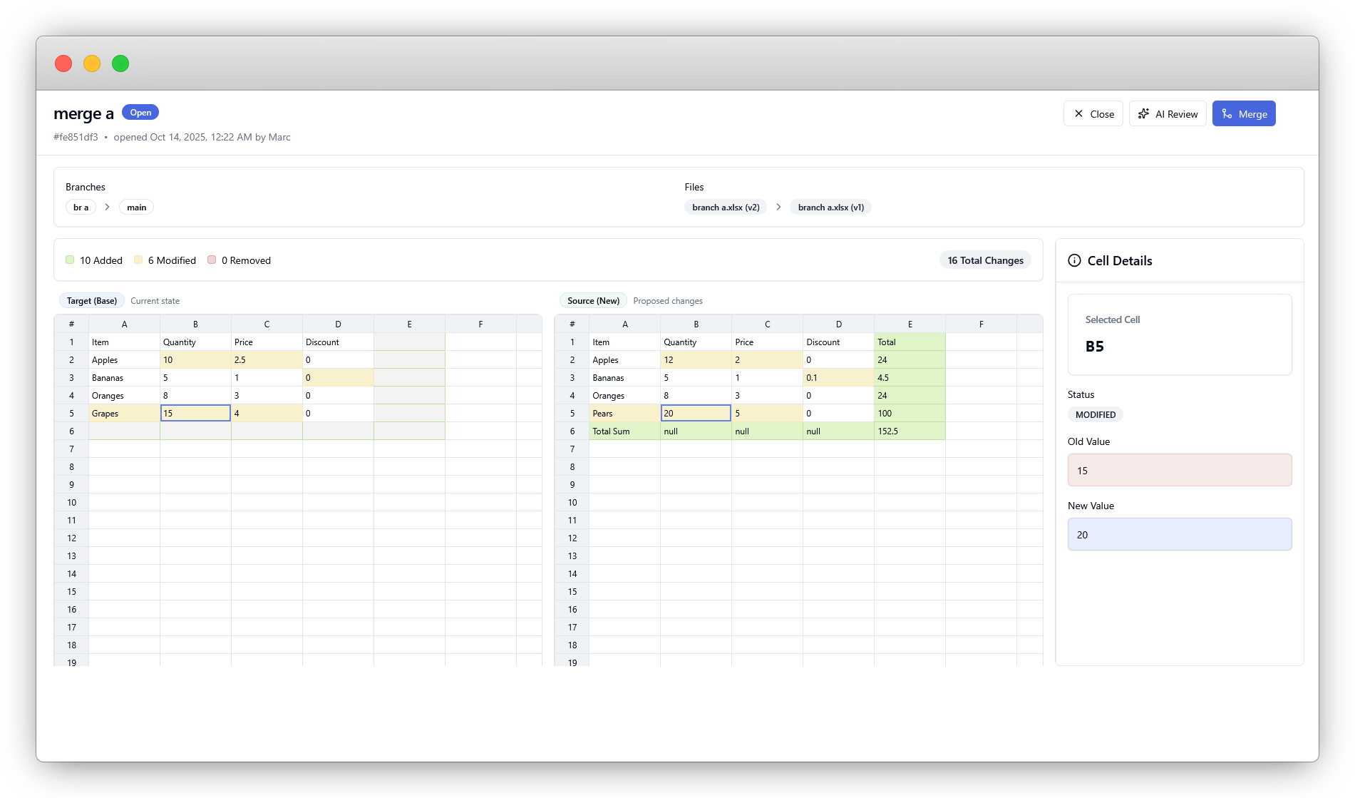 SFAX Excel Version Control Interface showing side-by-side diff comparison